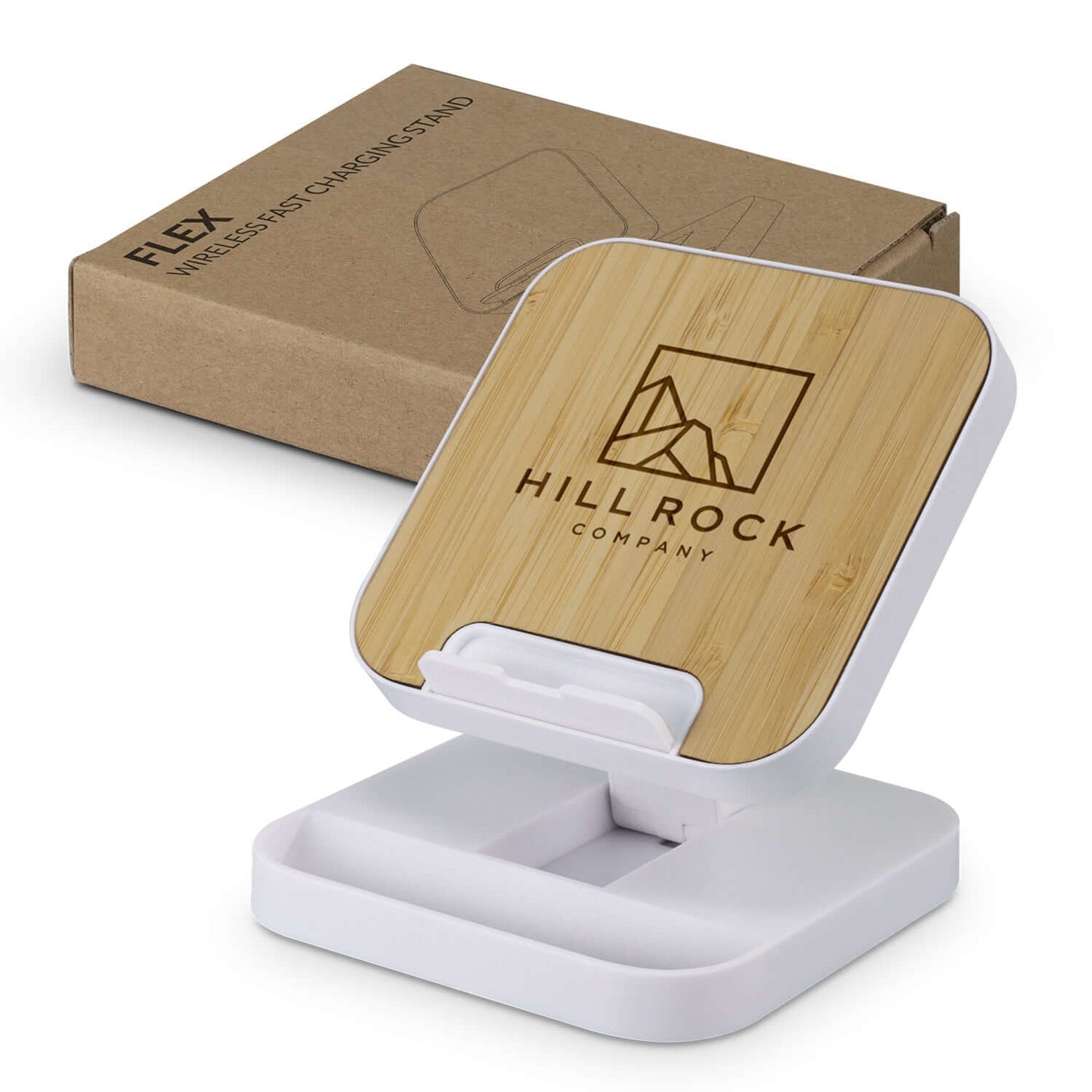 Flex Wireless Fast Charging Stand with bamboo panel and packaging, perfect corporate gift for tech enthusiasts.
