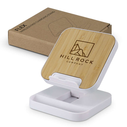 Flex Wireless Fast Charging Stand with bamboo panel and packaging, perfect corporate gift for tech enthusiasts.