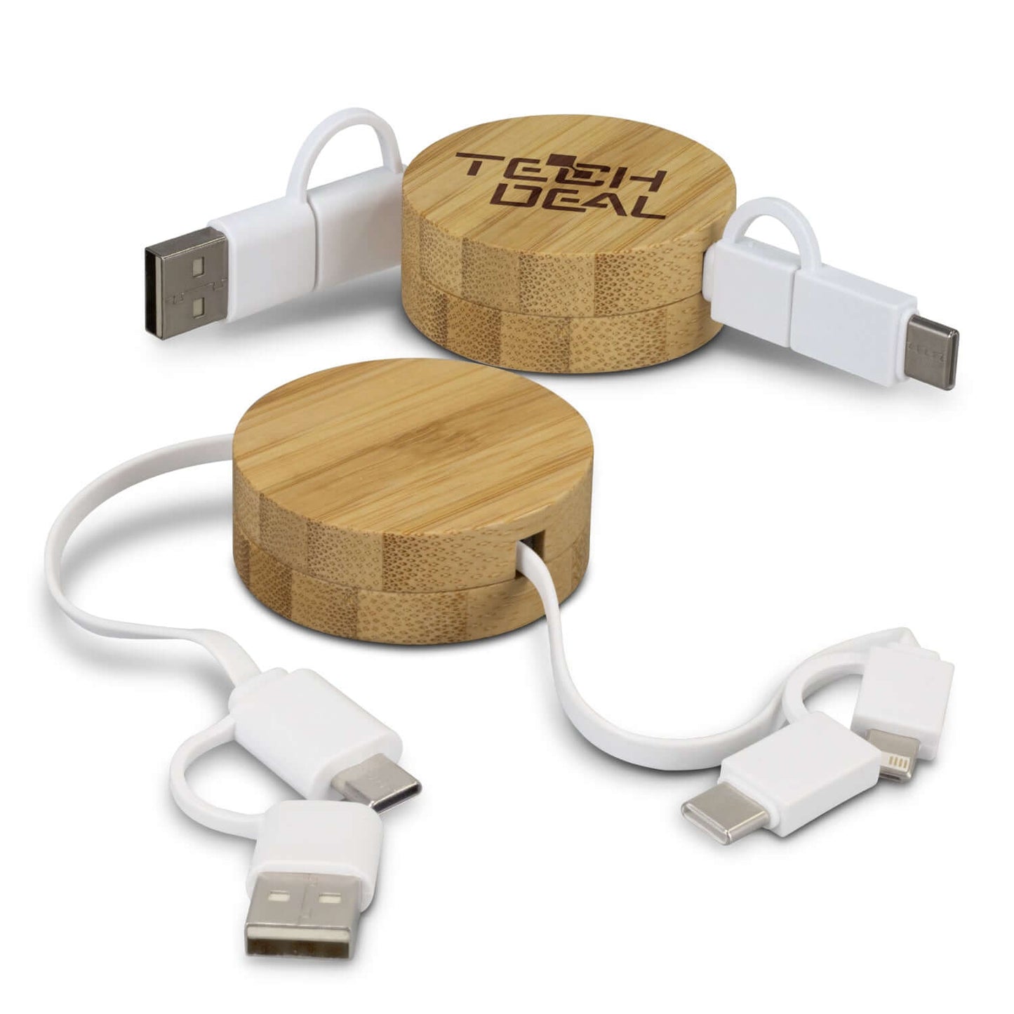 Bamboo Retractable Charging Cable with logo, eco-friendly design for corporate gifting.