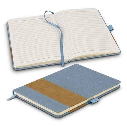 Denim Notebook with cream lined pages and leather-look PU accent, ideal as a stylish corporate gift.