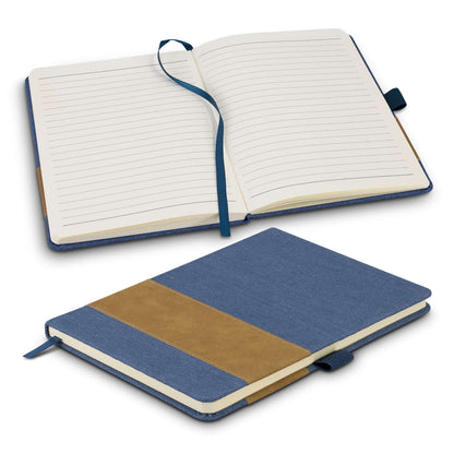 Denim Notebook open showcasing interior cream lined pages and leather-look PU accent panel, ideal for corporate gift.