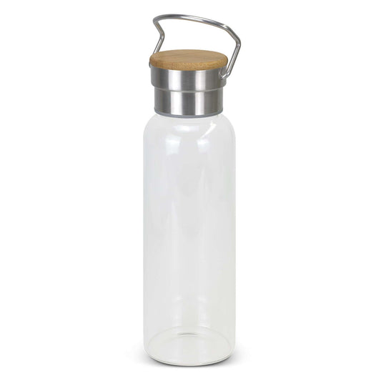Nomad Glass Bottle with bamboo lid, stylish 600ml water bottle ideal for hydration and as a corporate gift.