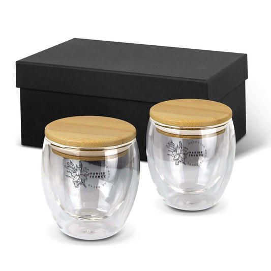 Azzurra Glass Set 250ml in a gift box with bamboo lids, perfect for corporate gift giving and beverage enjoyment.