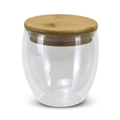 Azzurra Glass Set 250ml with bamboo lid, ideal for corporate gifts and perfect for coffee or tea.