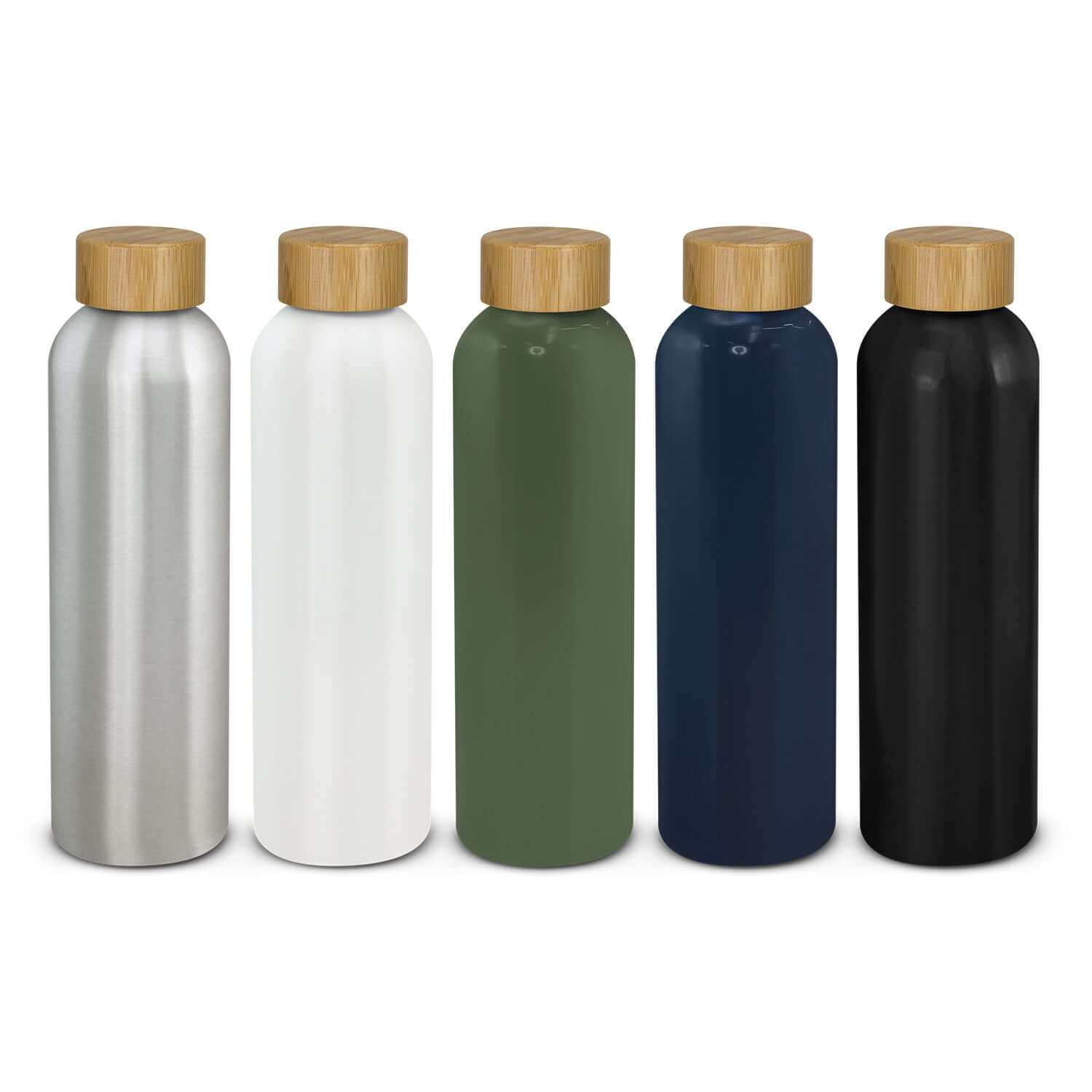 Eden Aluminium Bottle Bamboo Lid assortments in silver, white, green, navy, and black with bamboo lids.