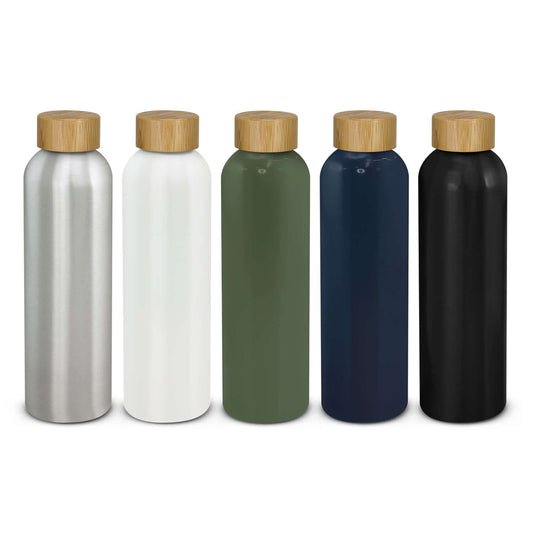 Eden Aluminium Bottle Bamboo Lid assortments in silver, white, green, navy, and black with bamboo lids.