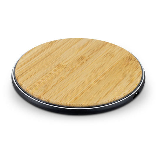 Bamboo 15W Wireless Fast Charger with natural bamboo pad and aluminum base
