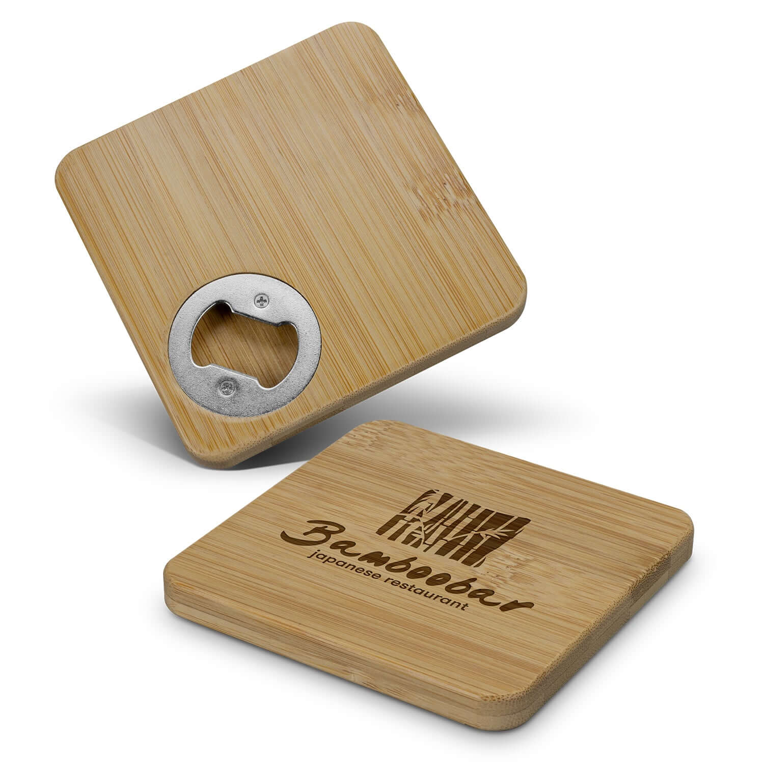 Bamboo Bottle Opener Coaster featuring integrated bottle opener with logo suitable for corporate gift.