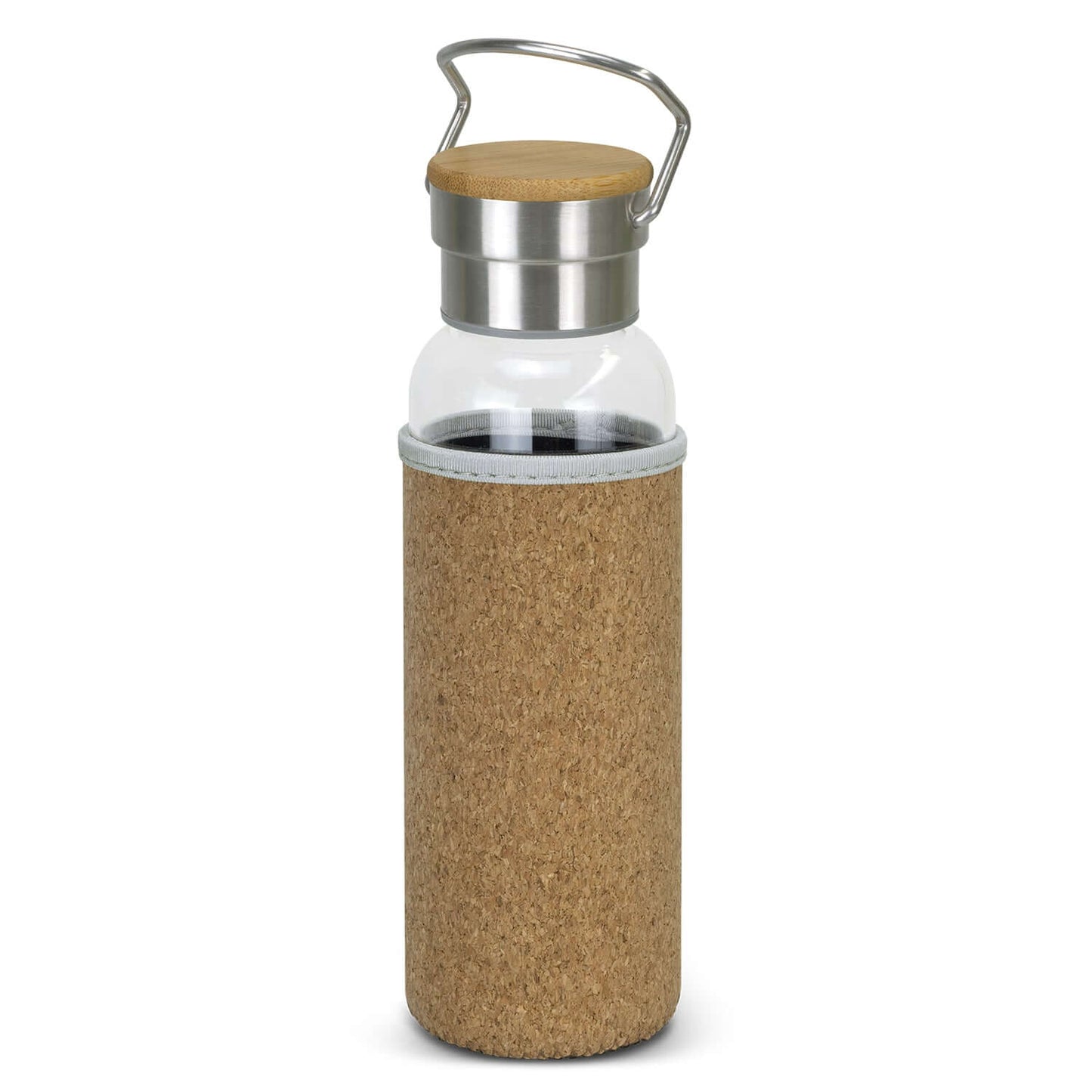 Nomad Glass Bottle with Cork Sleeve - stylish hydration solution with cork sleeve and metal lid.
