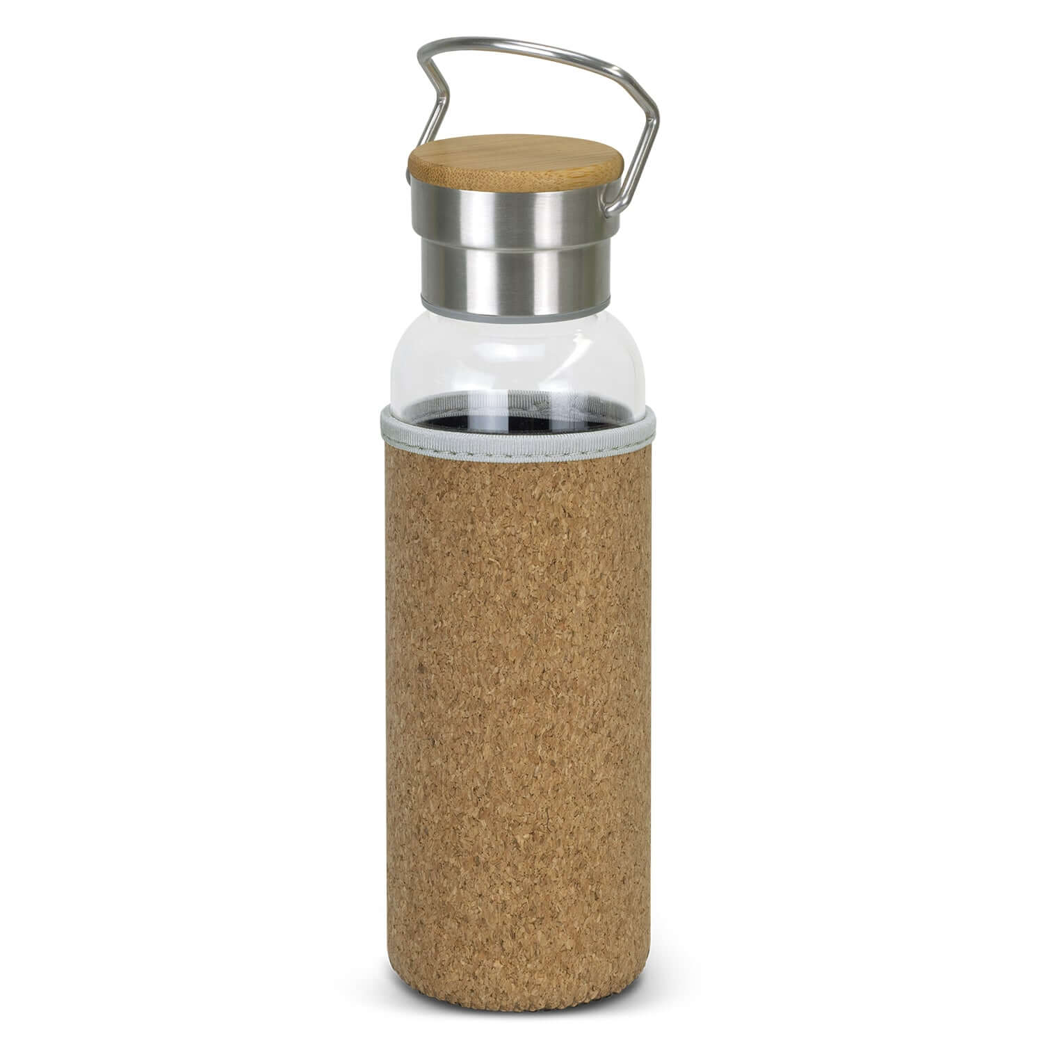 Nomad Glass Bottle with Cork Sleeve - stylish hydration solution with cork sleeve and metal lid.