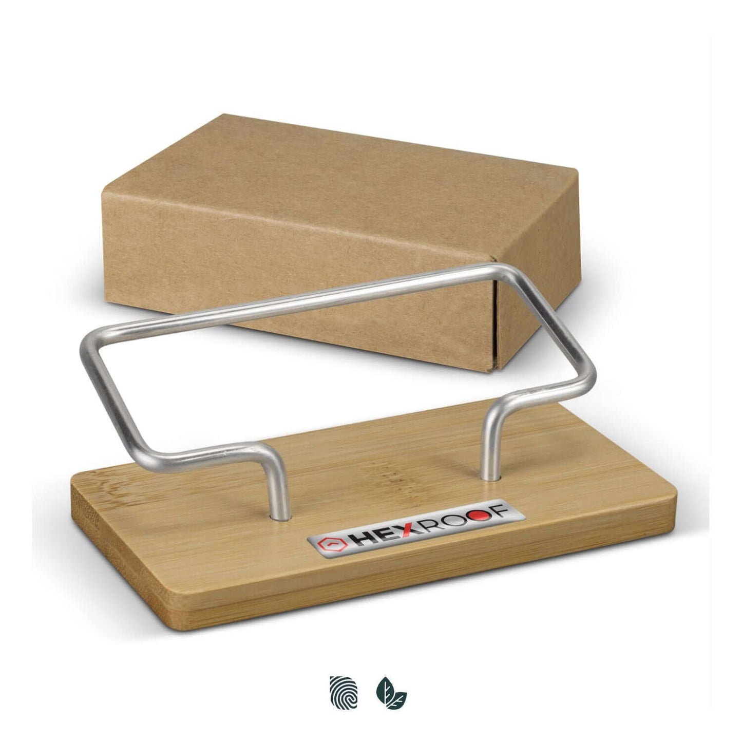 Bamboo Business Card Stand with steel frame on a natural bamboo base, perfect for corporate gifts.