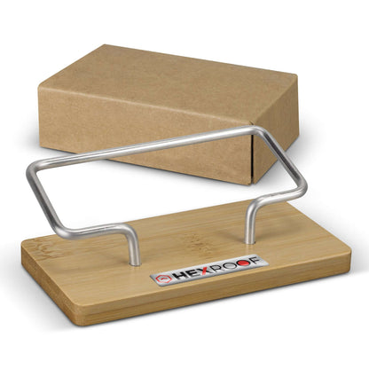 Bamboo Business Card Stand with steel frame and cardboard packaging, ideal as a corporate gift.