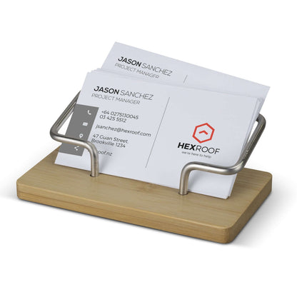 Bamboo Business Card Stand displaying business cards in a stylish and functional design, perfect for corporate gifts.