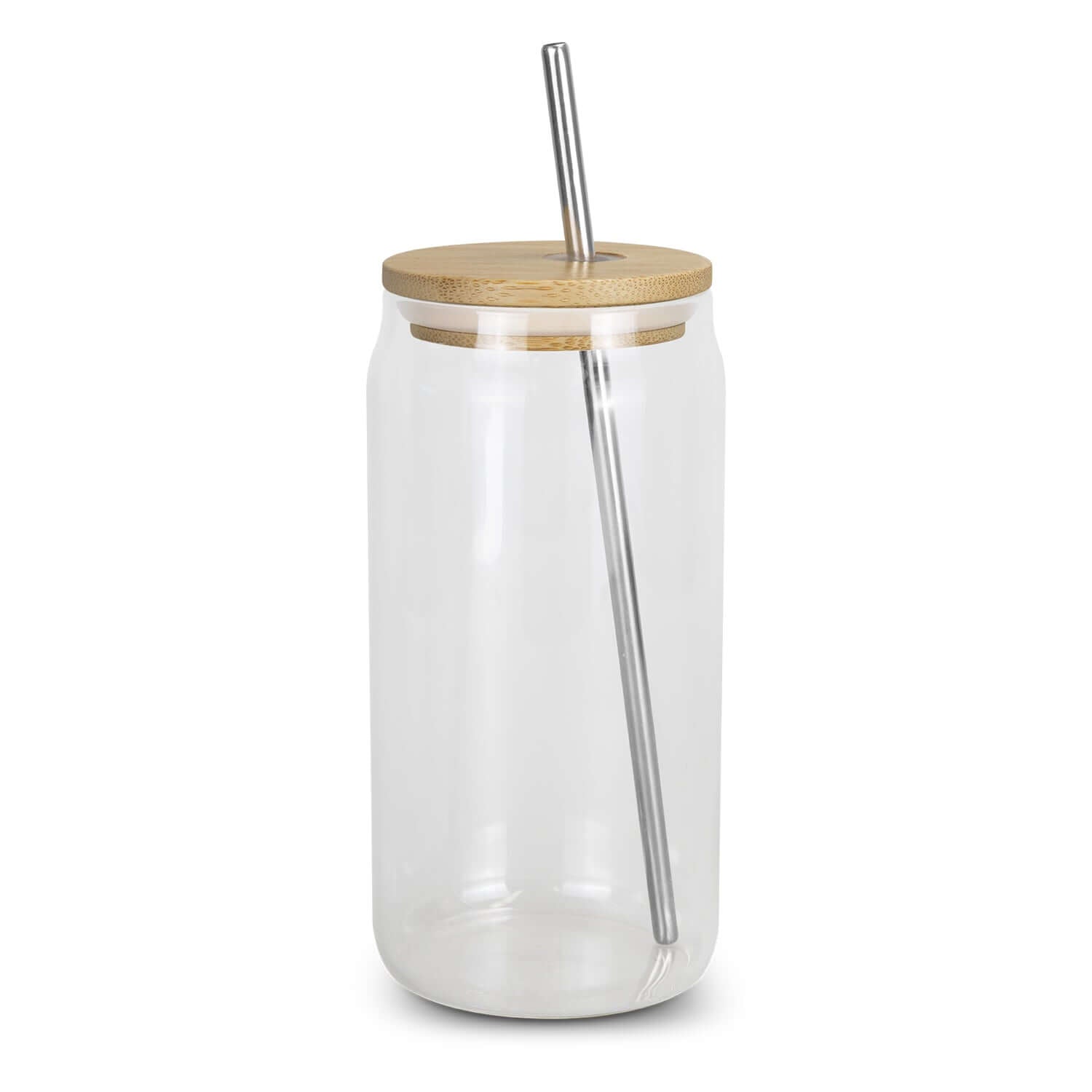 Fallon Glass Tumbler featuring a bamboo lid and stainless steel straw, ideal for smoothies and cold beverages.