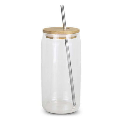 Fallon Glass Tumbler featuring a bamboo lid and stainless steel straw, ideal for smoothies and cold beverages.