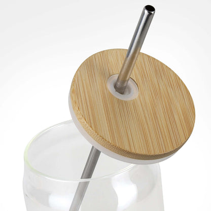 Fallon Glass Tumbler with bamboo lid and stainless steel straw for stylish beverage enjoyment.