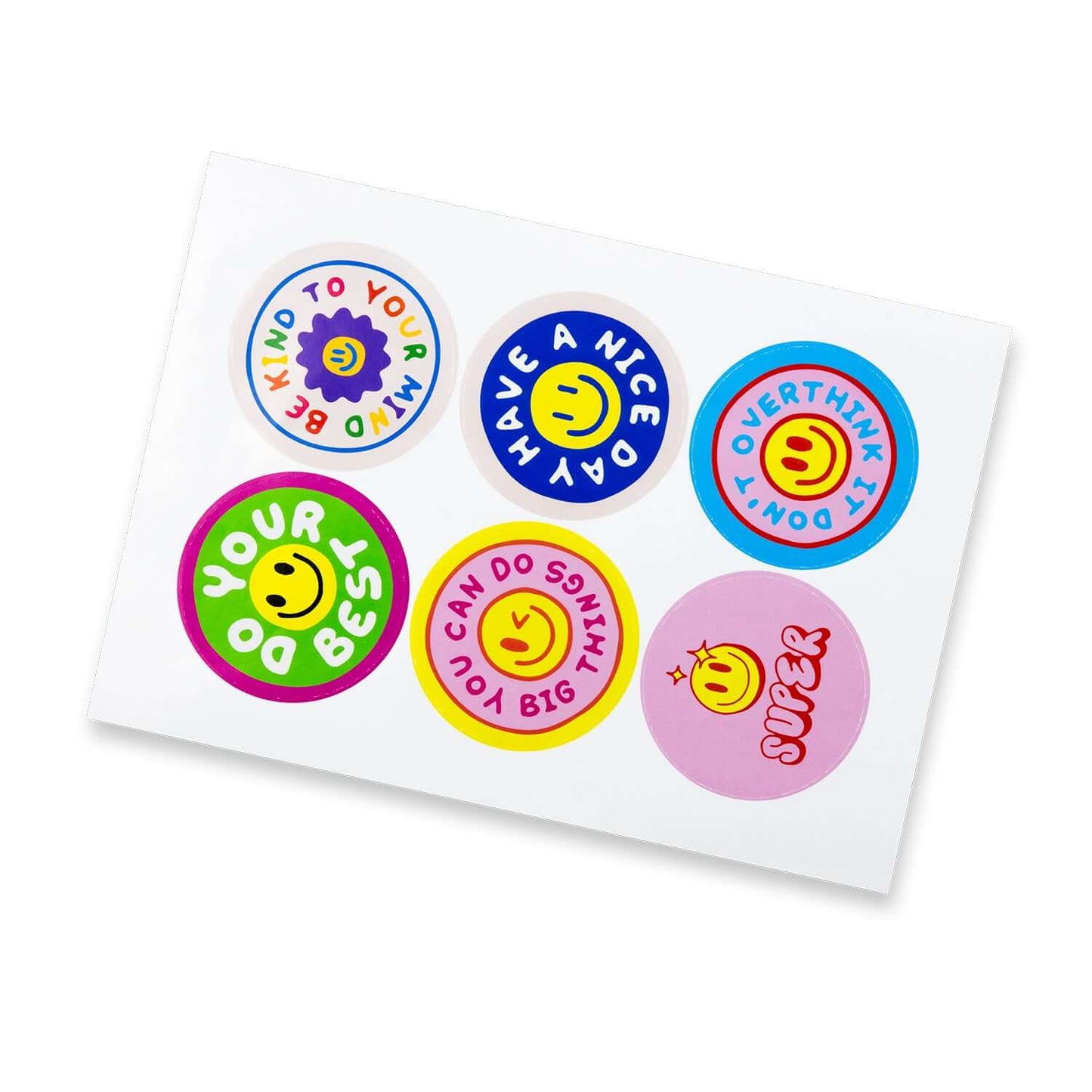 Sticker Sheet 80mm Circle - Gloss featuring six colorful designs with smiles and motivational phrases.