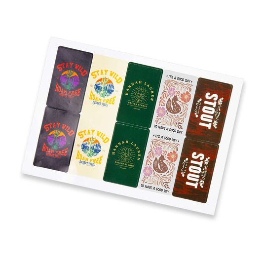 Sticker Sheet 88 x 50mm Rectangle - Gloss featuring 10 vibrant and diverse designs for creativity and corporate gifts.