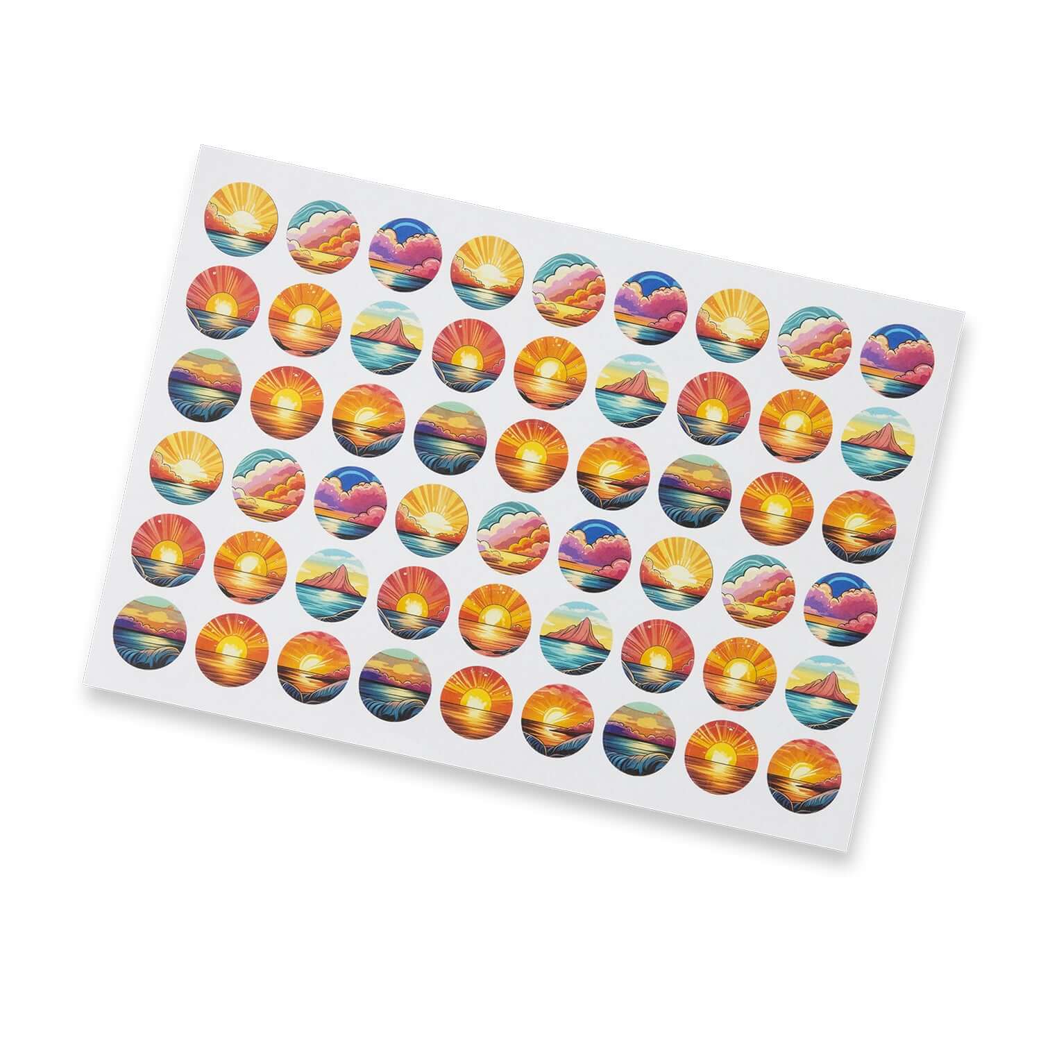 Sticker Sheet 26mm Circle - Matte featuring 54 sunset and landscape stickers for creative projects.