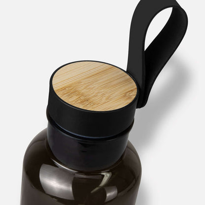 Onslow RPET Bottle with bamboo lid and silicone carry strap for convenient transport.
