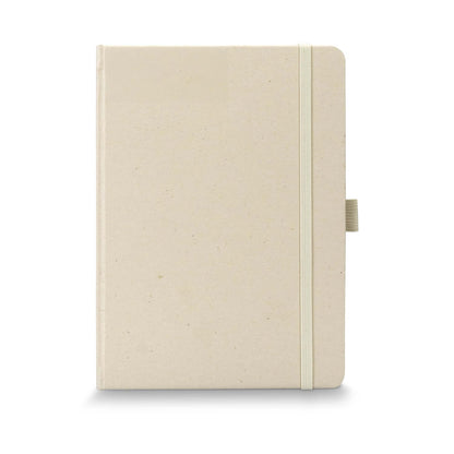 Terra Recycled Paper Hard Cover Notebook with natural cover and elastic closure, perfect for eco-friendly corporate gift.