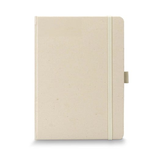 Terra Recycled Paper Hard Cover Notebook with natural cover and elastic closure, perfect for eco-friendly corporate gift.