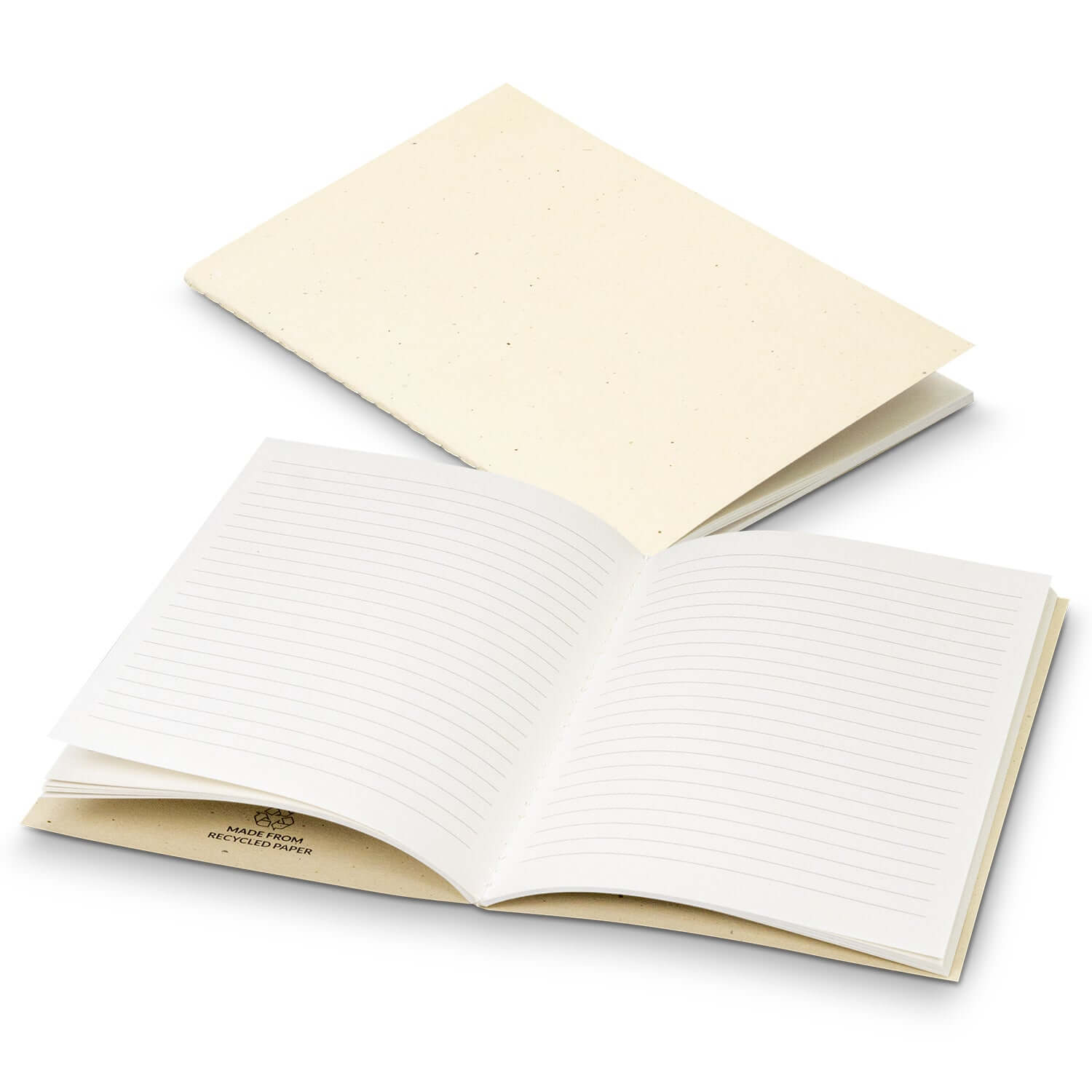 Terra Recycled Paper Soft Cover Notebook showing front cover and open pages with natural lined paper.