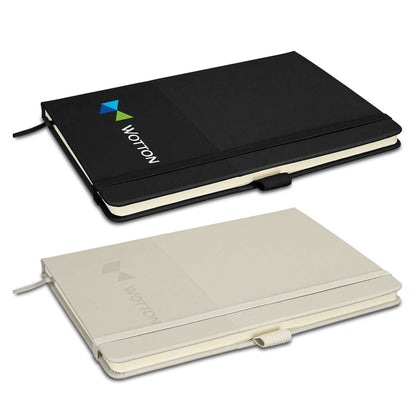 Harvard Recycled Notebook featuring a black and cream cover, perfect as a corporate gift.