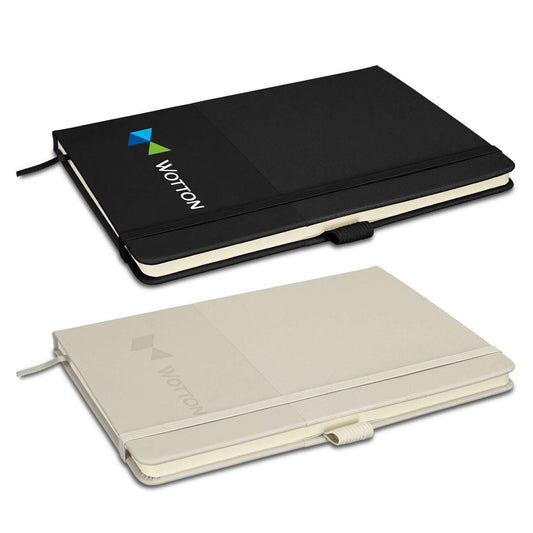 Harvard Recycled Notebook featuring a black and cream cover, perfect as a corporate gift.