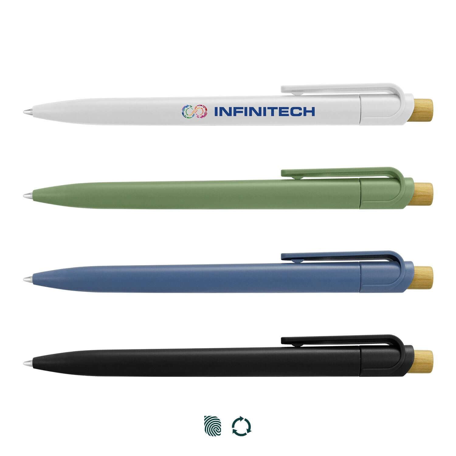 Savannah Recycled Plastic Pen in multiple colors featuring a bamboo pusher and eco-friendly design, perfect as a Corporate Gift.