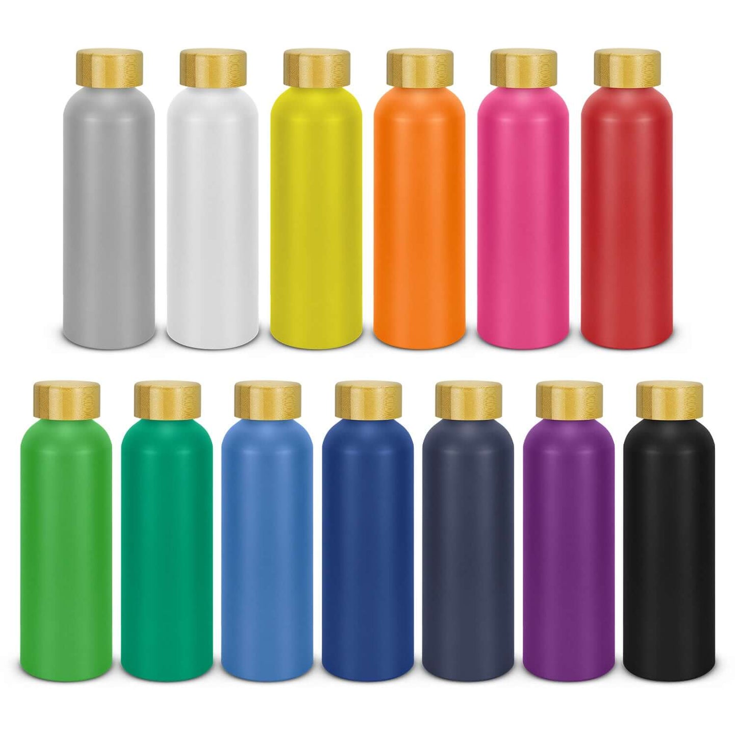 Eden Recycled Aluminium Bottle collection in various vibrant colors with bamboo lids.