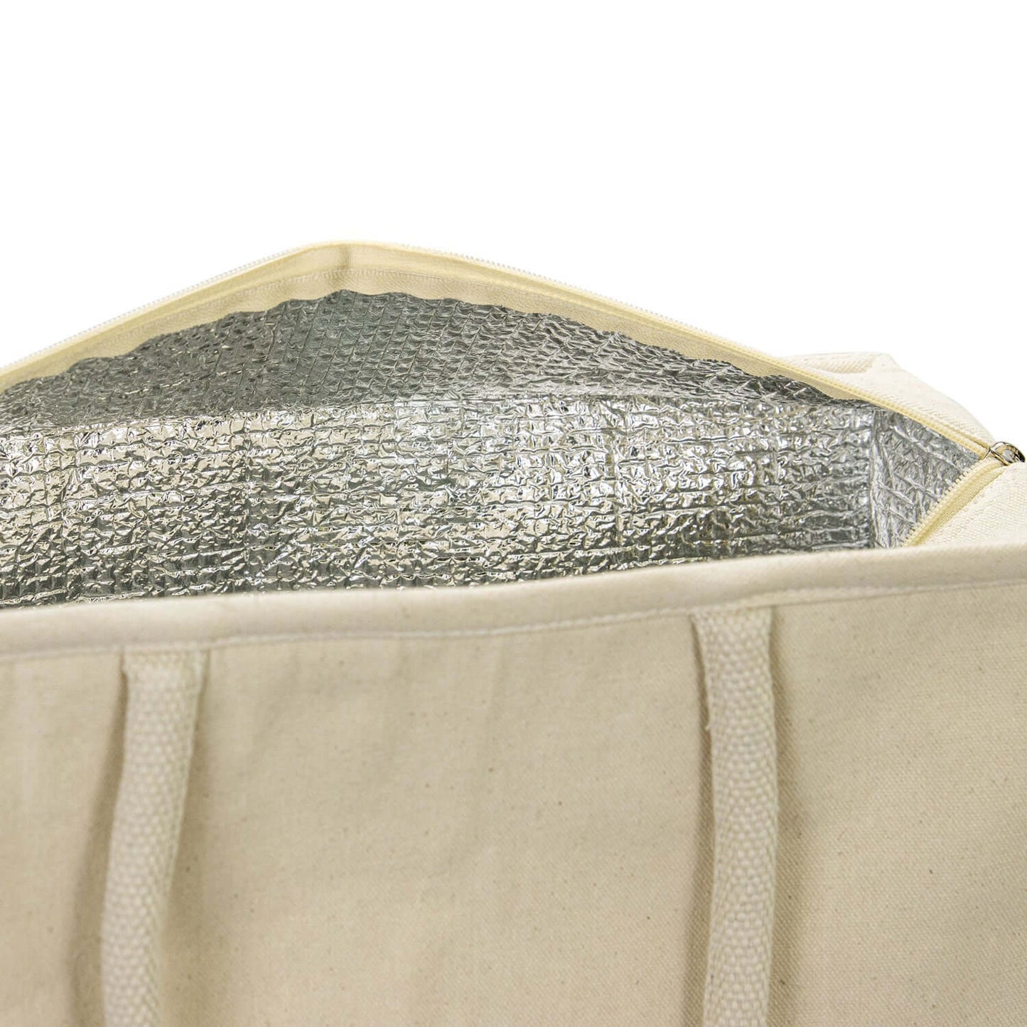 Interior view of the Iconic Shopping Cooler Tote Bag featuring aluminium foil lining for insulation.
