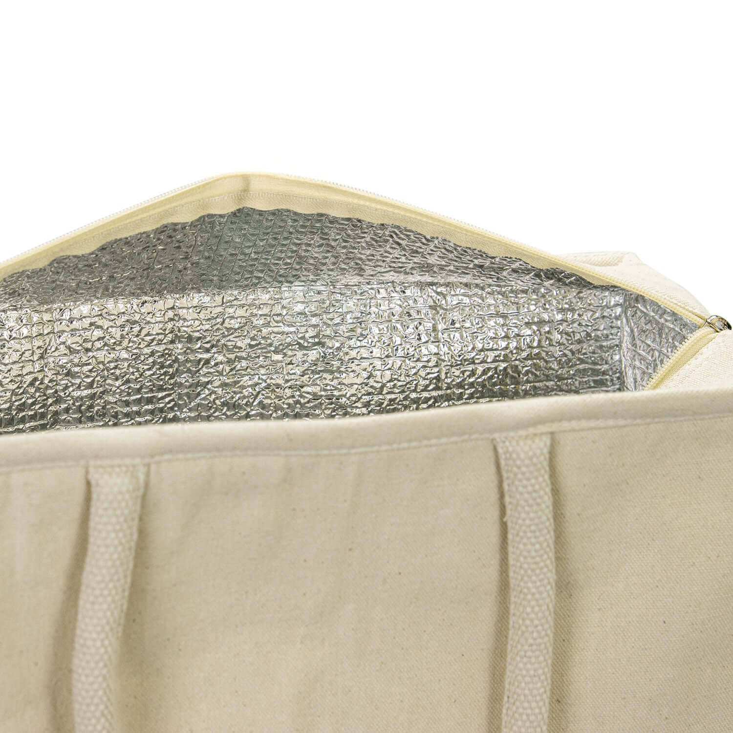 Interior view of the Iconic Shopping Cooler Tote Bag featuring aluminium foil lining for insulation.