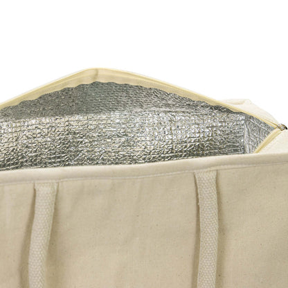 Interior view of the Iconic Shopping Cooler Tote Bag featuring aluminium foil lining for insulation.