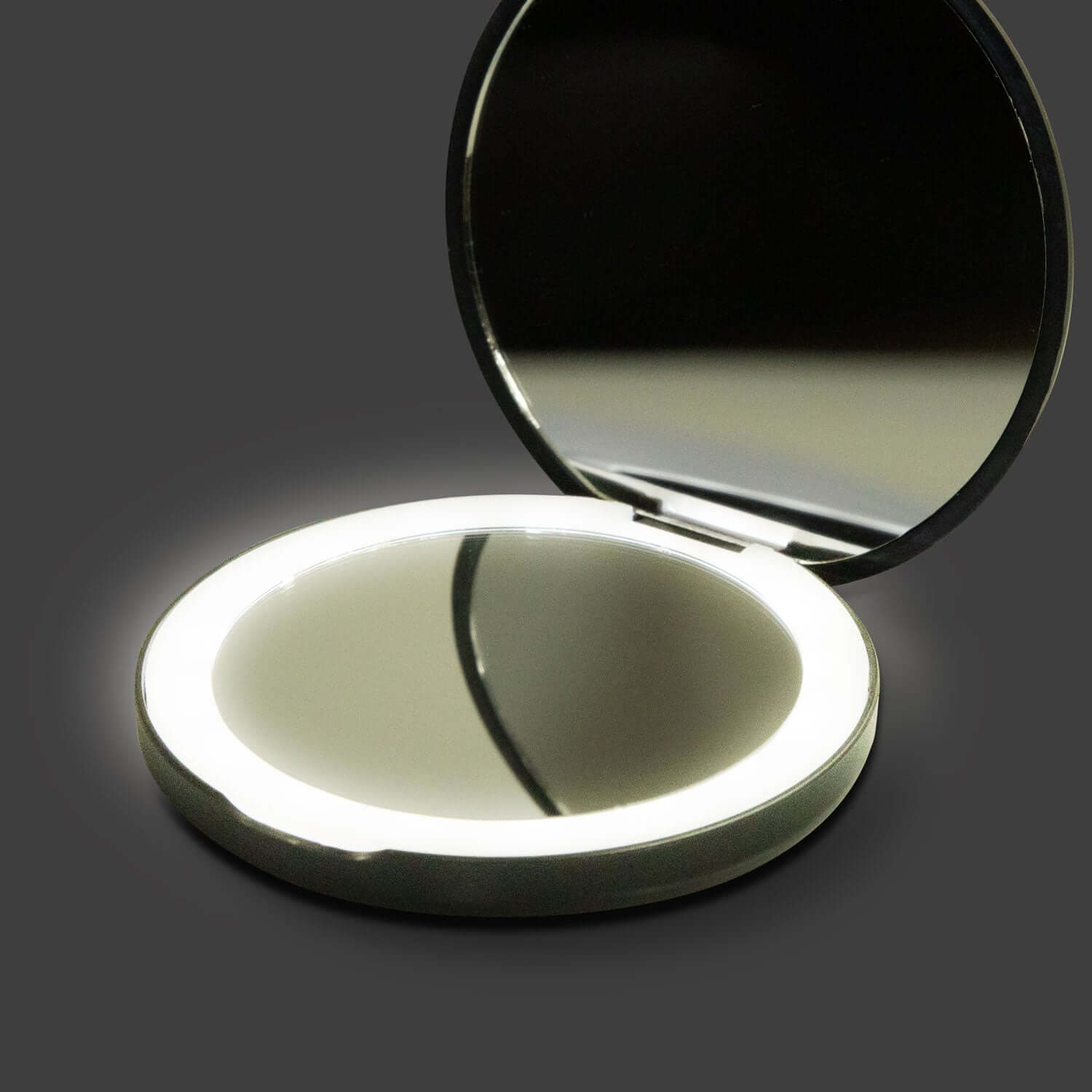 Ella LED Compact Mirror open showing standard and magnified mirrors with adjustable LED light ring.