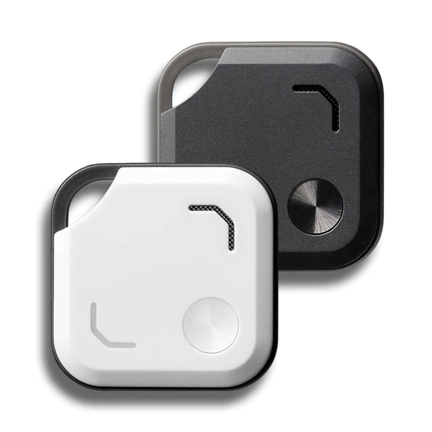 VibeTag Bluetooth Tracker in black and white, stylish design, perfect for corporate gifts and keeping track of essentials.