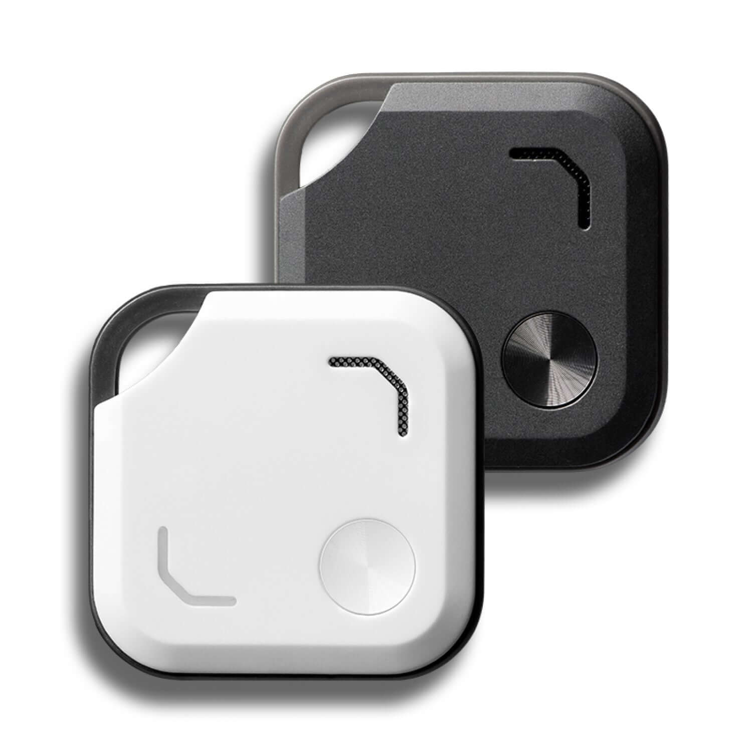 VibeTag Bluetooth Tracker in black and white, stylish design, perfect for corporate gifts and keeping track of essentials.