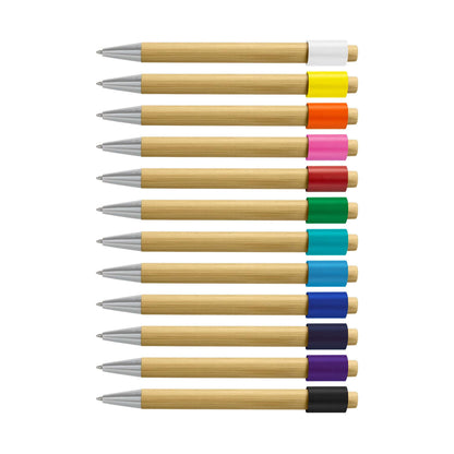 Unwind Bamboo Spinner Pen collection in various colors, showcasing eco-friendly design and functional fidget spinner feature.