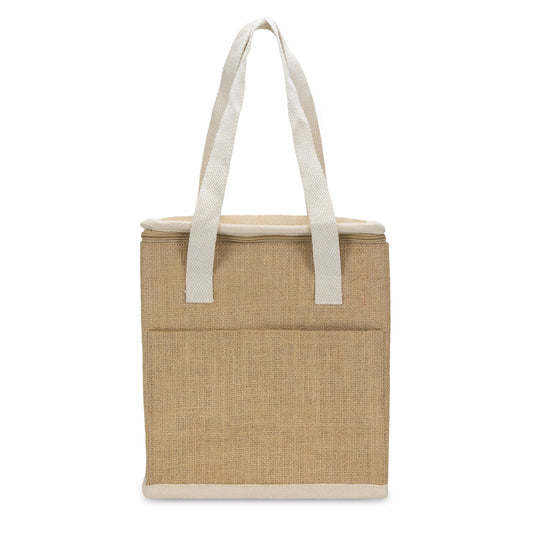Sabian Lunch Cooler Bag made from jute with cotton handles and front slip pocket for easy transport.