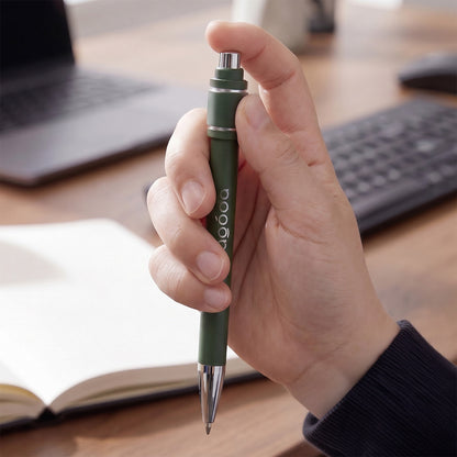 Eon Spinner Pen held in hand, showcasing its retractable, recycled aluminium design, ideal for corporate gift.