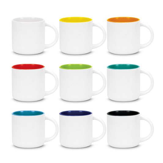 Cora Coffee Mug in an array of colors with white ceramic outer for corporate gift branding.