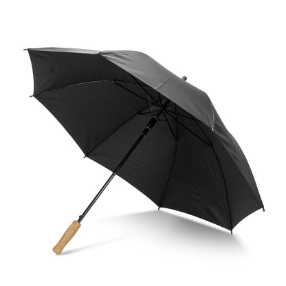 SPICE Waste2Gear Umbrella with a black recycled nylon canopy and cork handle, ideal corporate gift.