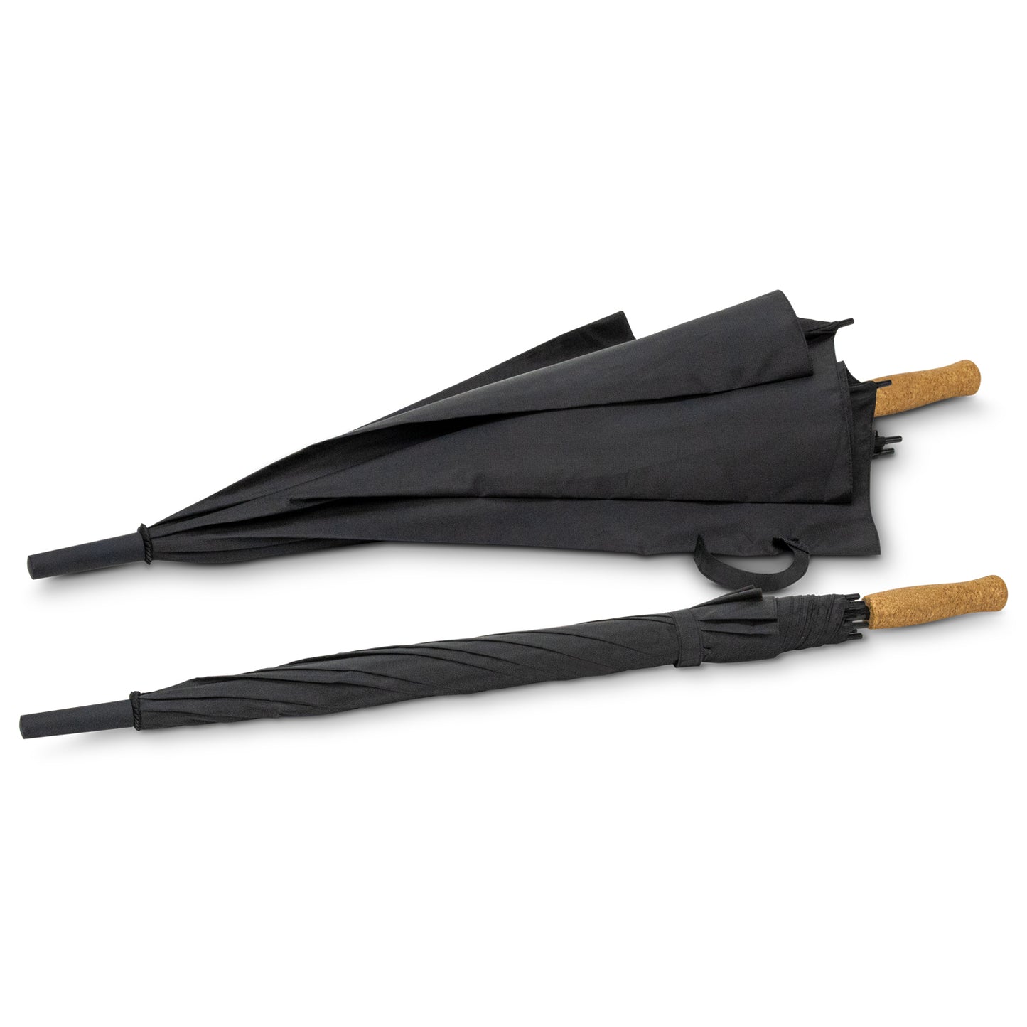 SPICE Waste2Gear Umbrella shown in folded and open position with cork handle and black recycled nylon fabric.