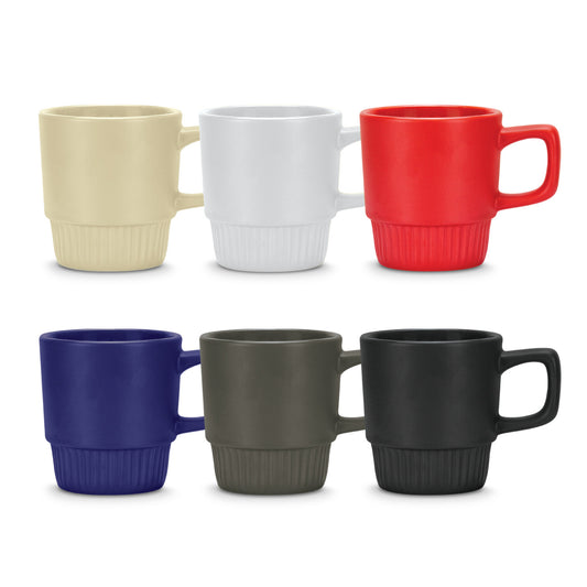 Barista Stackable Coffee Mug in assorted colors, featuring a space saving stackable design for corporate gifts.