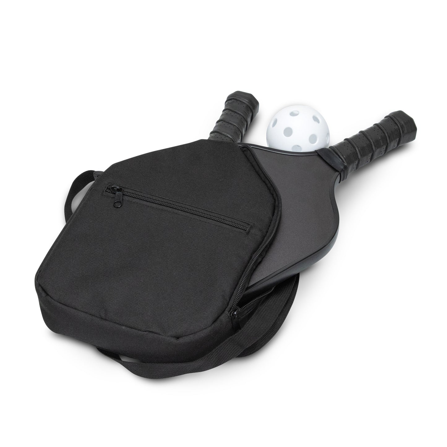 Baseline Pickleball Set with two paddles and pickleball in zippered carry bag.