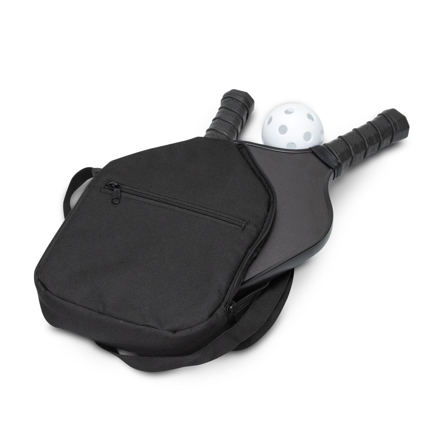 Baseline Pickleball Set with two paddles and pickleball in zippered carry bag.