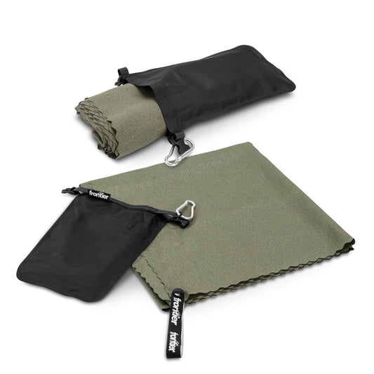 Frontier Rapid Dry Towel in a compact pouch with carabiner clip, perfect for hiking and travel.