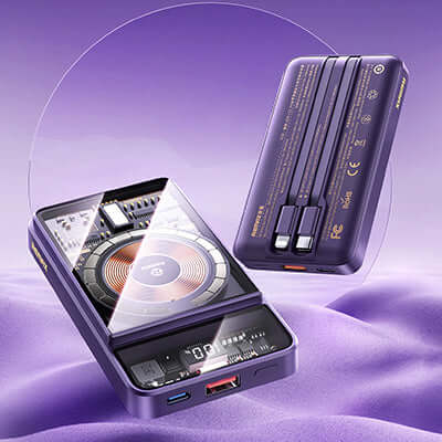Remax RPP-580 Magnetic Wireless Charging Powerbank 10000mAh in Dark Purple with dual wires for fast charging.