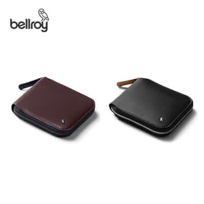 Bellroy Zip Wallet in two colors, featuring RFID protection and a zip closure, ideal for corporate gifts.