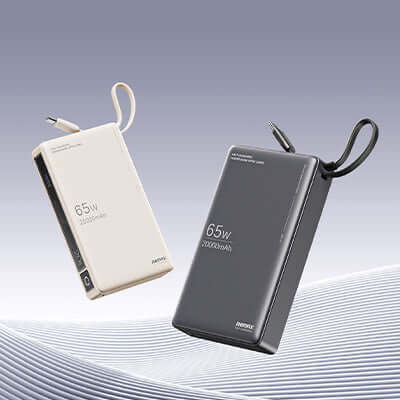 Remax RPP-87 65W Powerbank with Cable 20000mAh in space grey and Yunyan rice colors.